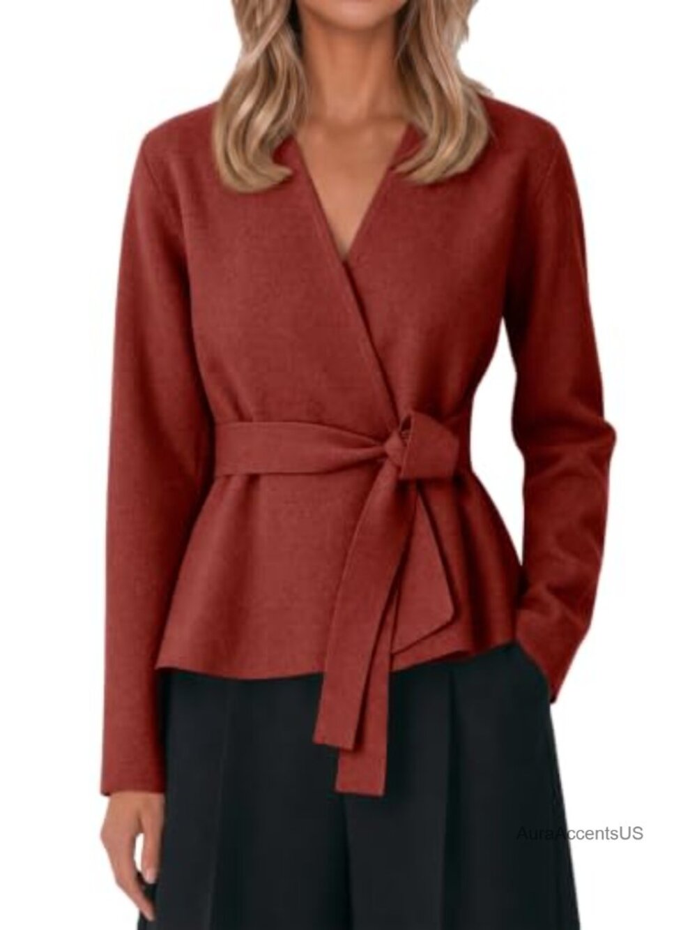 Women's Open Front Belted Cardigan Long Sleeve Knit Sweater Wrap V-Neck